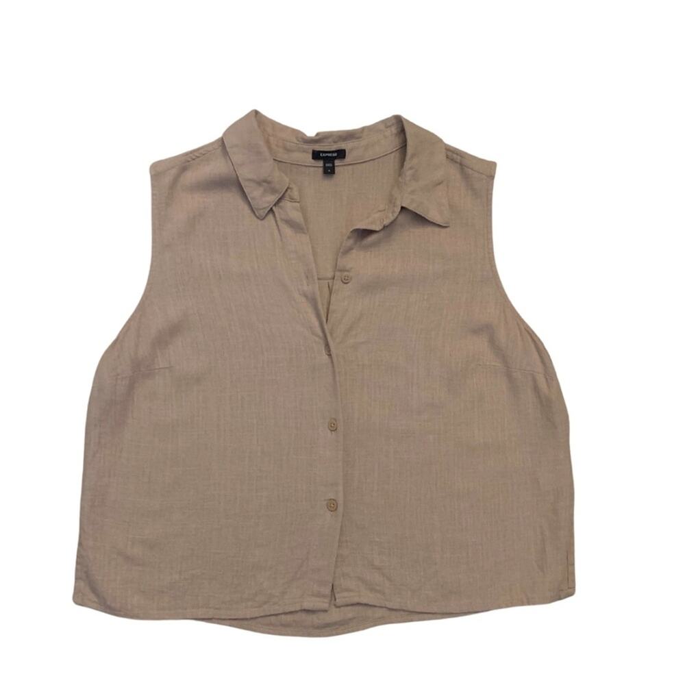2/$30 Beige Tan Linen Button Down Sleeveless Top Summer Coastal Quiet Luxury